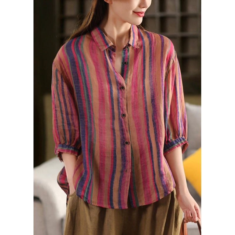 Stylish Rose Peter Pan Collar Striped Linen Shirts Bracelet Sleeve