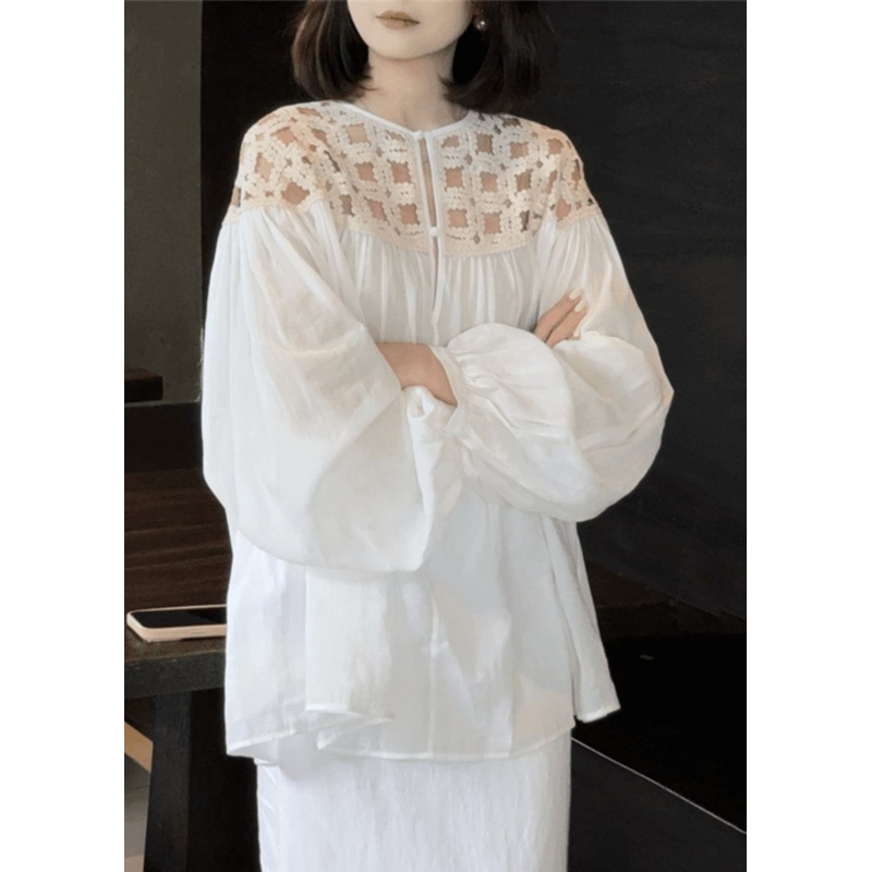 Stylish White O-Neck Wrinkled Hollow Out Silk Cotto Shirts Fall