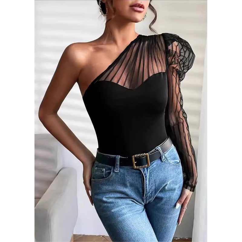 Summer Sexy Tulle Patchwork One Shoulder Long Sleeved T-Shirt Top