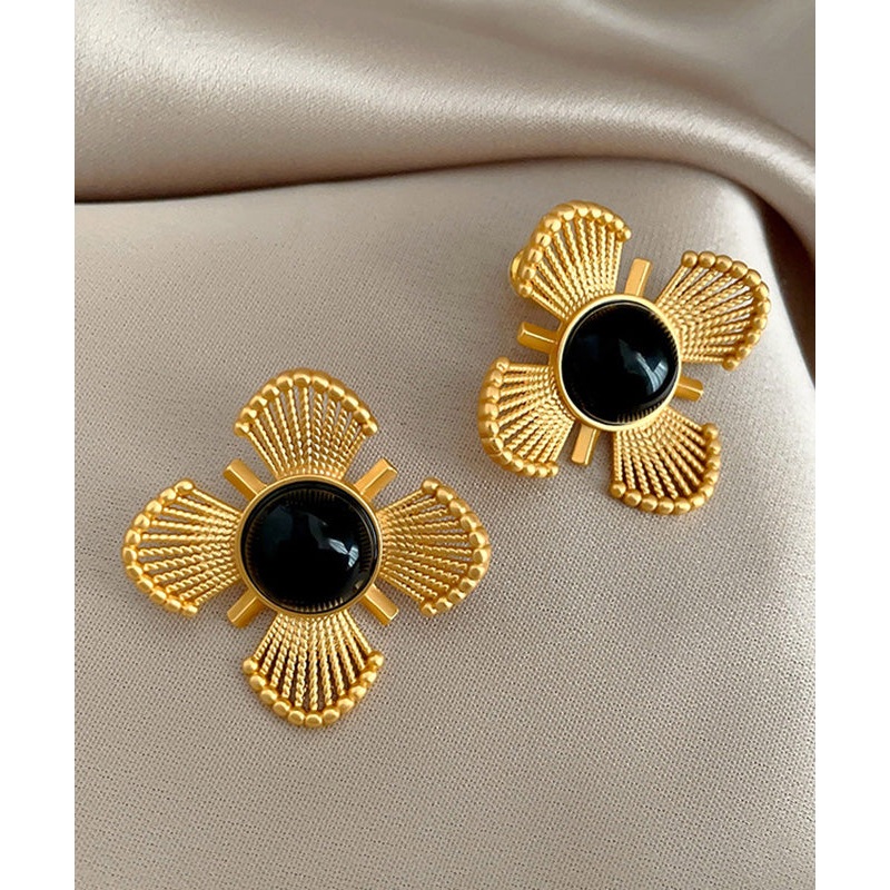 Vintage Gold Copper Crystal Floral Hollow Out Stud Earrings
