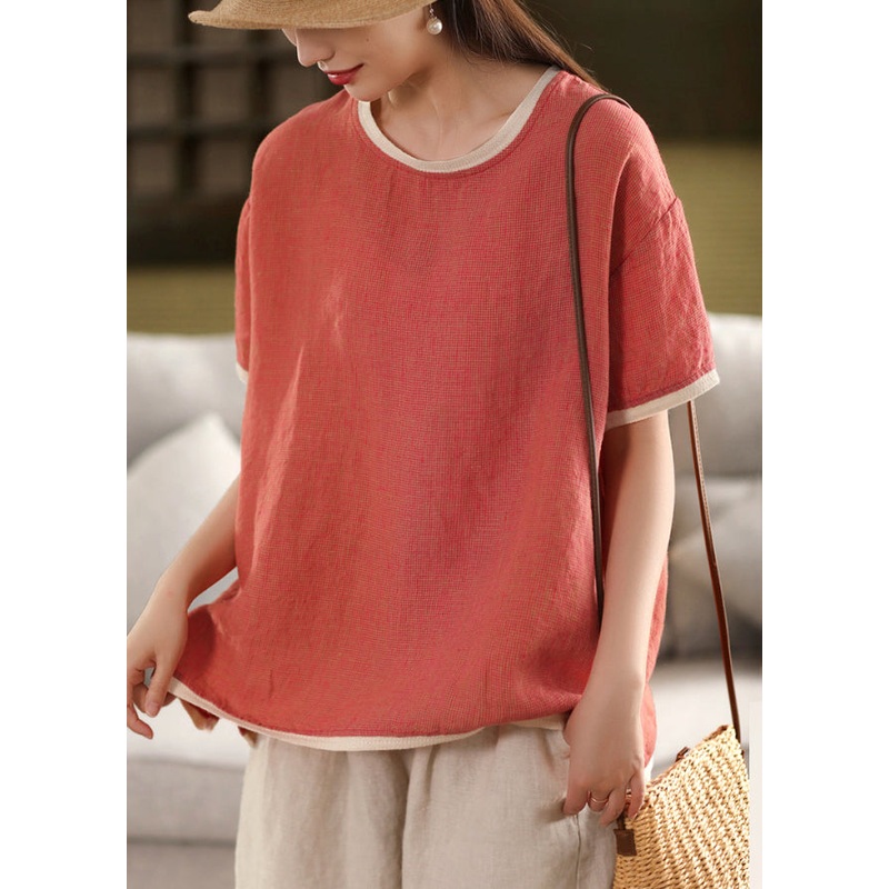 Watermelon Red Button Solid Patchwork Linen Summer T Shirt O Neck