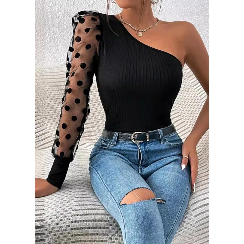 Women 2025 Black Shoulder Single Sleeved Patchwork Top