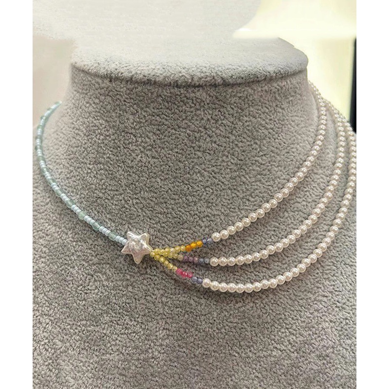 Women Colorblock Pearl Beads Layered Star Gratuated Bead Necklace