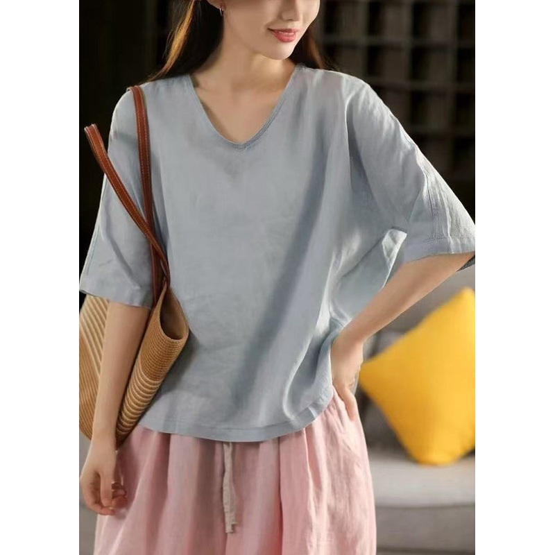 Women Light Blue V Neck Solid Linen T Shirt Half Sleeve