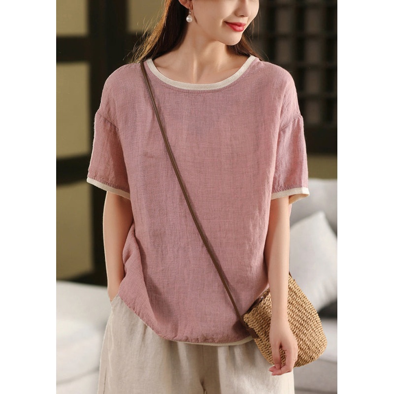 Women Pink O Neck Patchwork Linen T Shirts Summer
