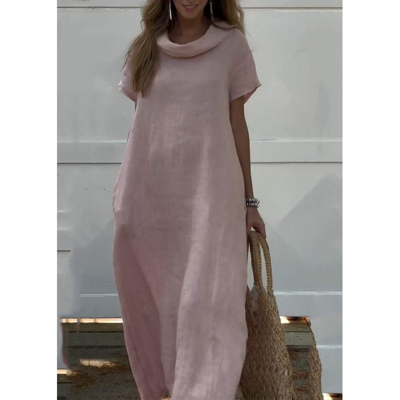 Women Pink Turtle Neck Patchwork Solid Vacation Long Dresses Summer