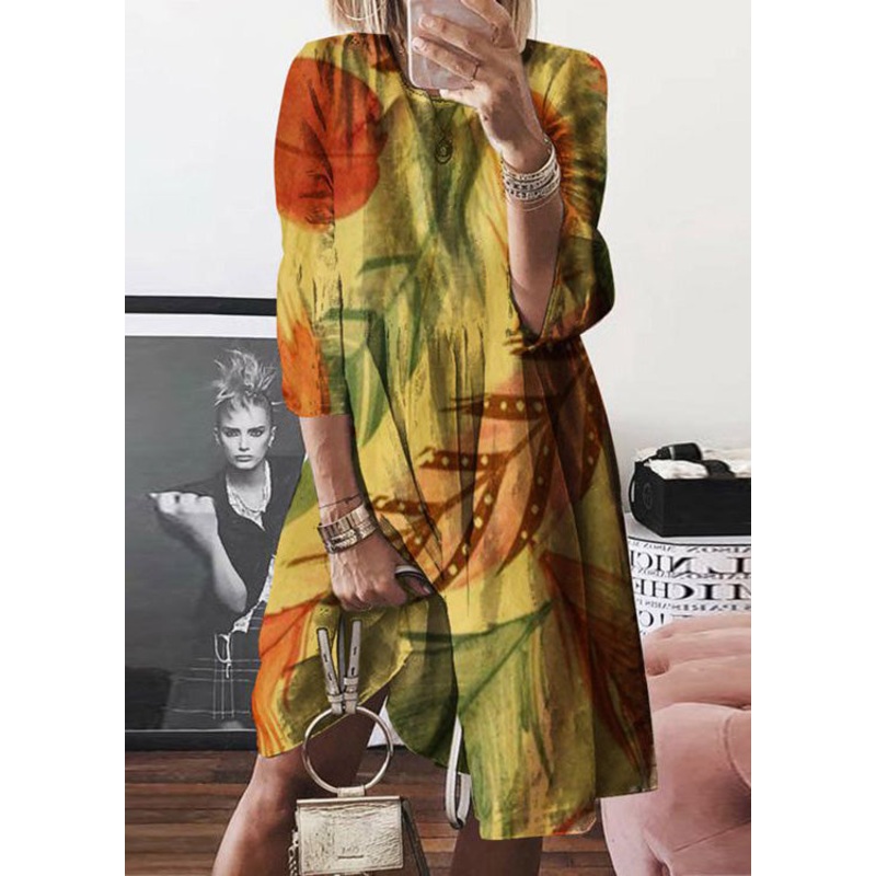 Women Yellow O Neck Print Cotton Mid Dress Summer