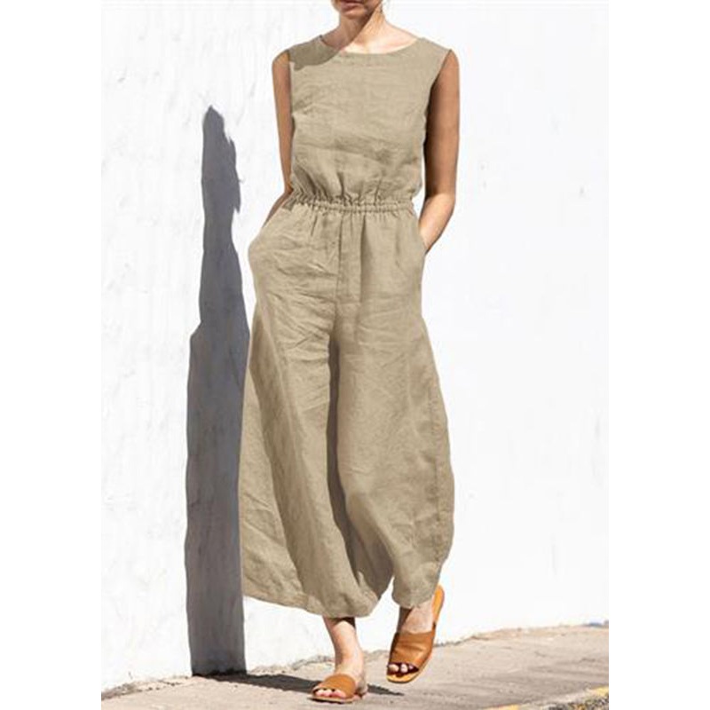 Womens Casual Slim Color Khaki High Sleeveless Fashion Jumpsuit