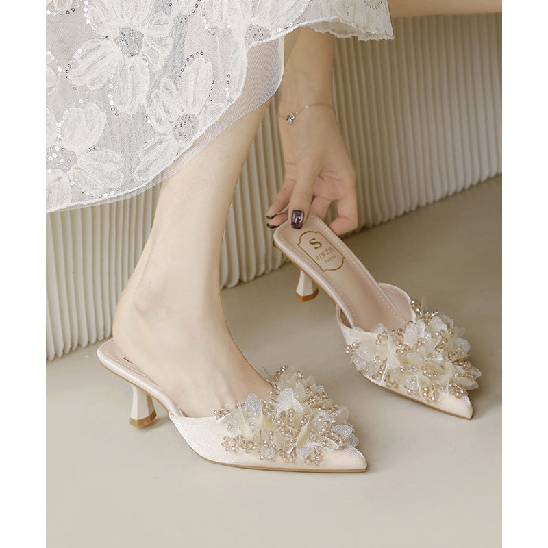 2025 New French Apricot Satin Zircon High Heels Slide Sandals