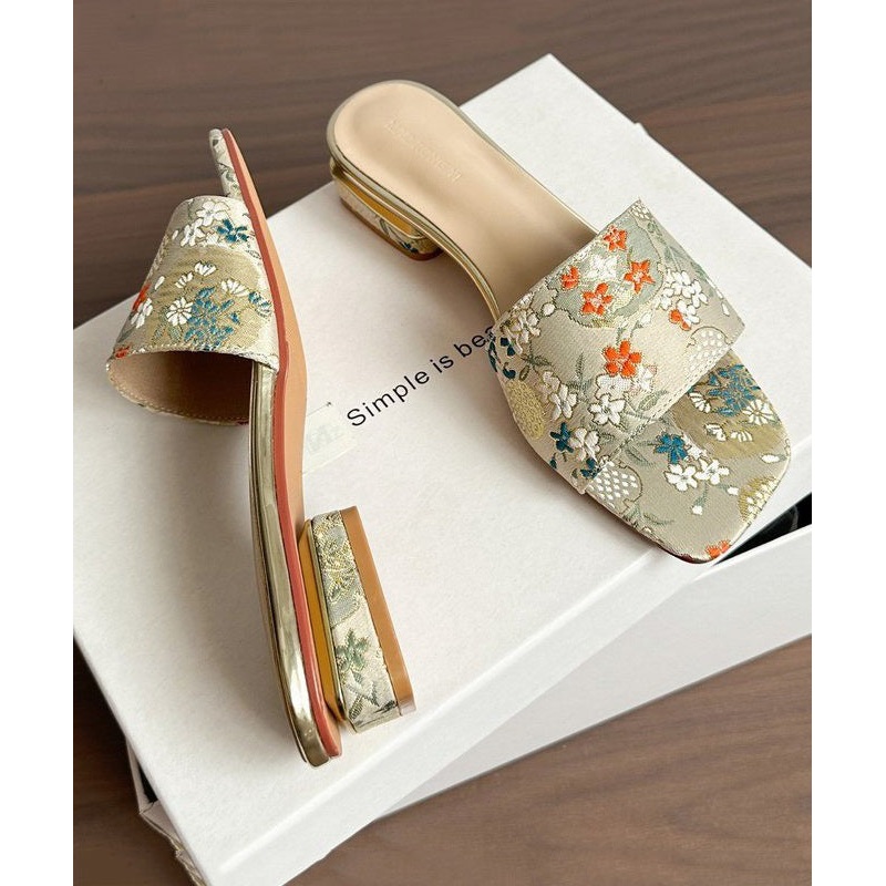 2025 Summer New Apricot Embroidery Slide Sandals Peep Toe