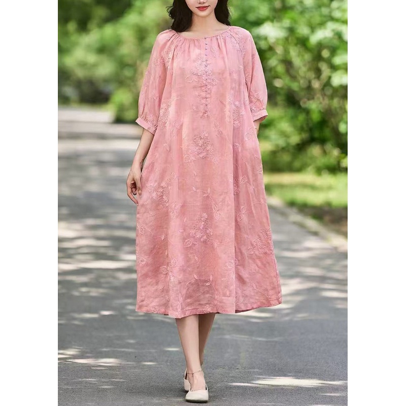 Art Pink Embroidered Button Pockets Linen Long Dress Half Sleeve