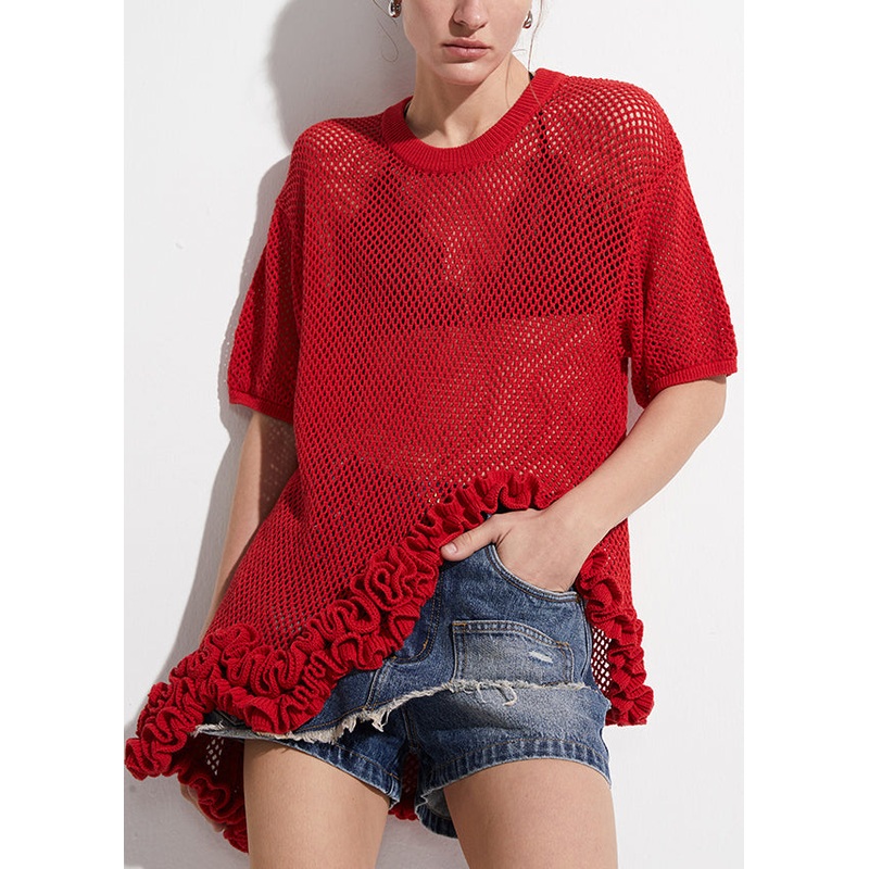 Art Red Asymmetrical Hollow Out Knit T Shirt Summer