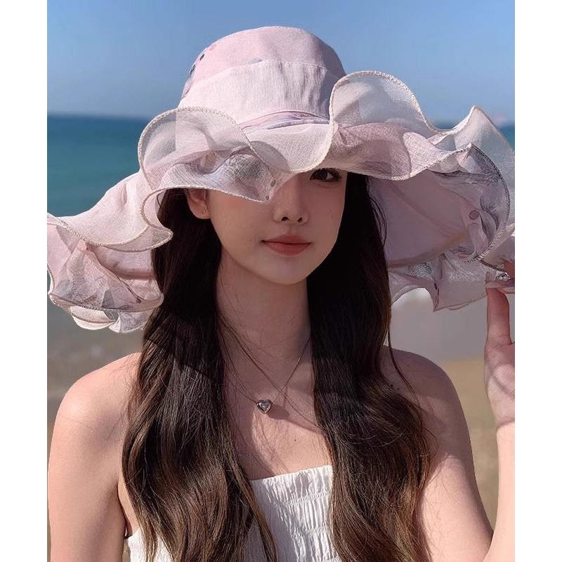 Beautiful Light Pink Ruffled Print Floppy Sun Hat