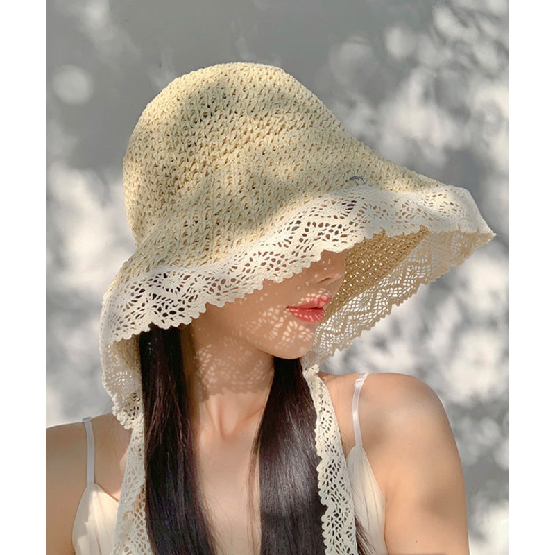 Beige Large Brimmed Lace Straw Woven Sun Hat Women Summer
