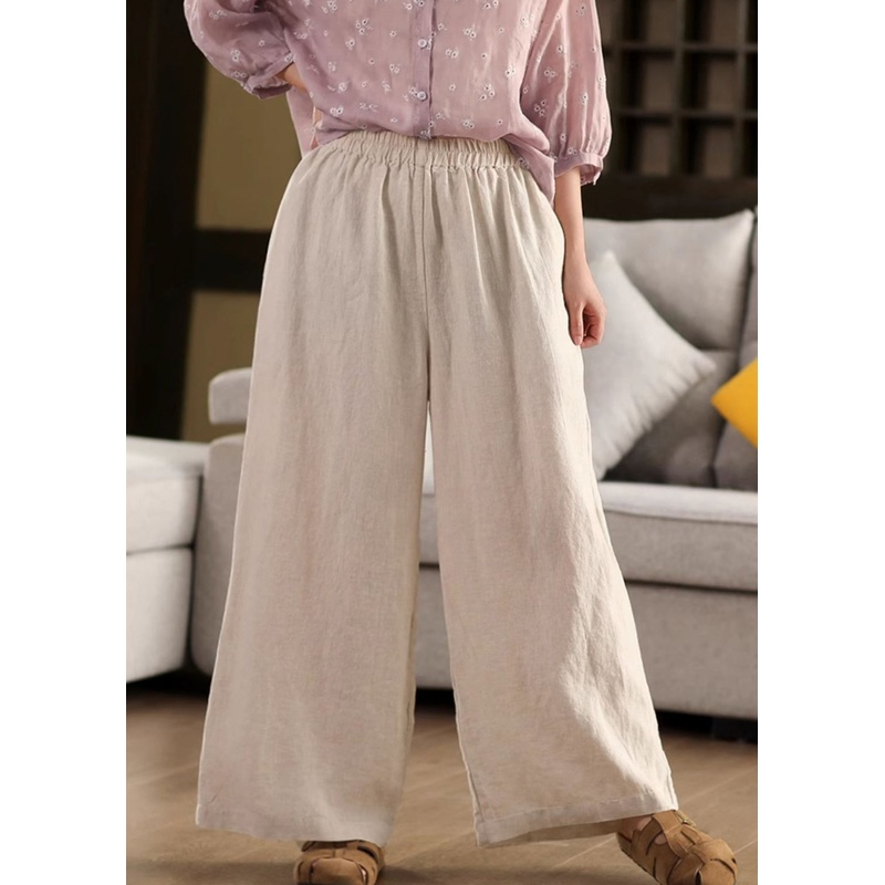 Beige Pockets Loose Linen Wide Leg Pants Elastic Waist Summer