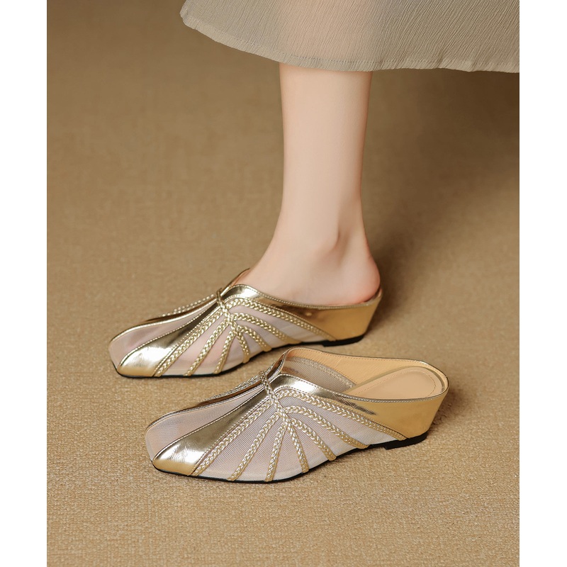 Chic Tulle Splicing Wedge Slide Sandals Gold Cowhide Leather