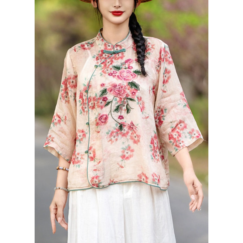 Chinese Style Red Print Button Linen Shirt Bracelet Sleeve