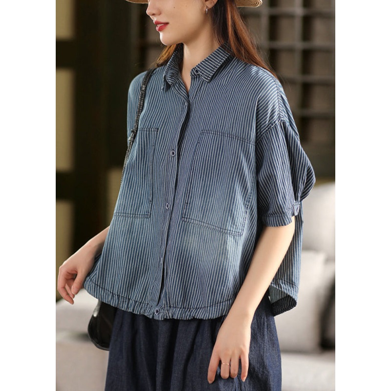 Dark Blue Striped Button Cotton Summer Shirt Peter Pan Collar