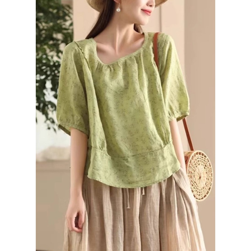 Green Print Wear On Both Sides Linen Shirt Button Half Sleeve