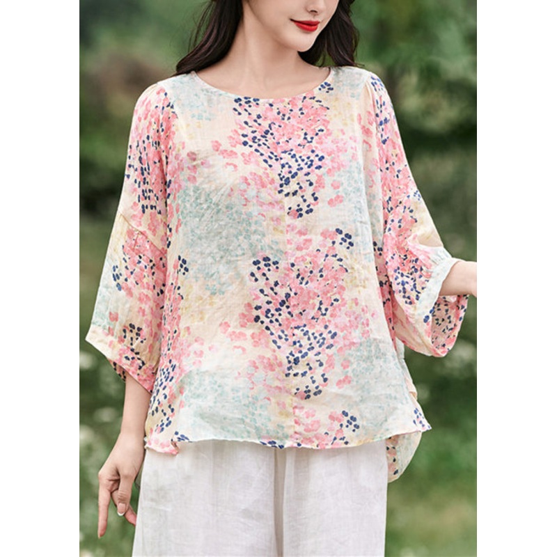 Italian Print Ruffled Lace Up Linen Shirt Bracelet Sleeve