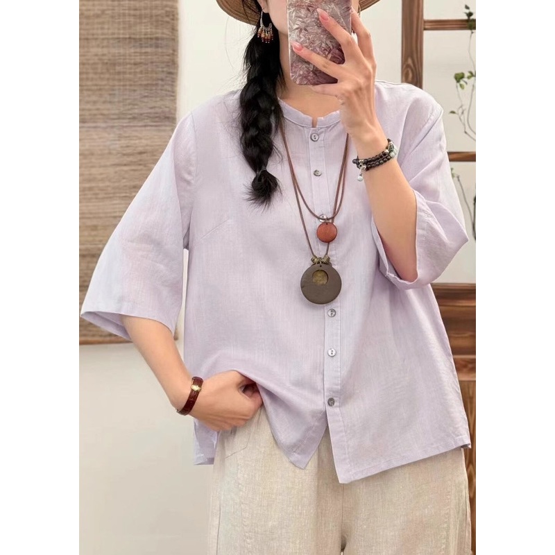 Light Purple Button Side Open Cotton Blouses O Neck Fall