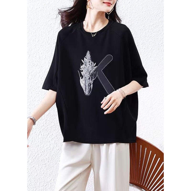 Loose Black O-Neck Print Cotton T Shirt Half Sleeve