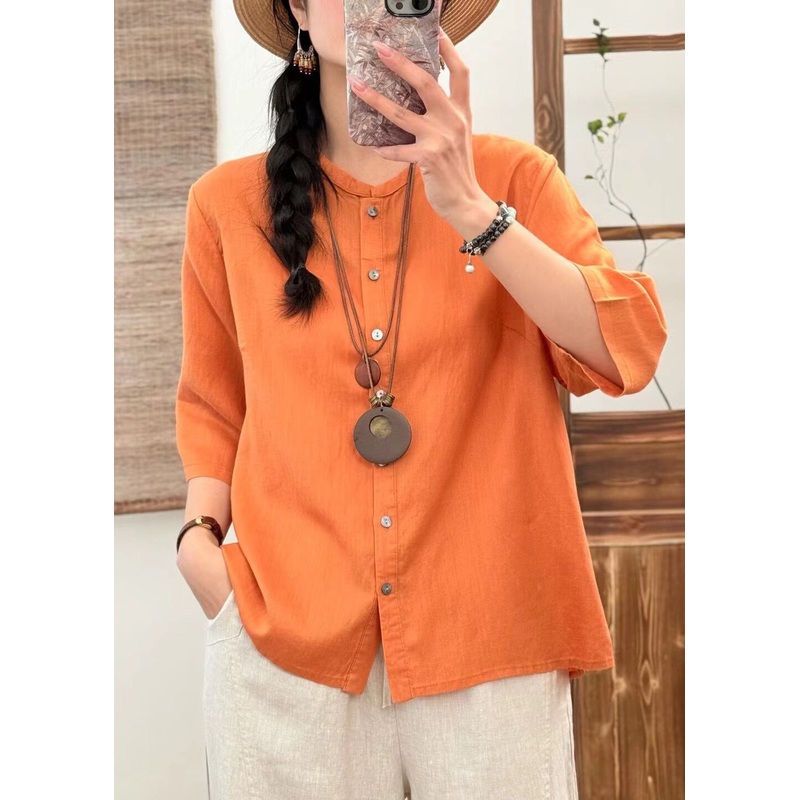 New Orange O Neck Button Solid Linen Blouse Half Sleeve