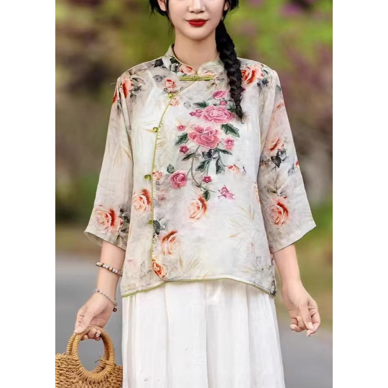 New Orange Stand Collar Print Linen Shirts Fall