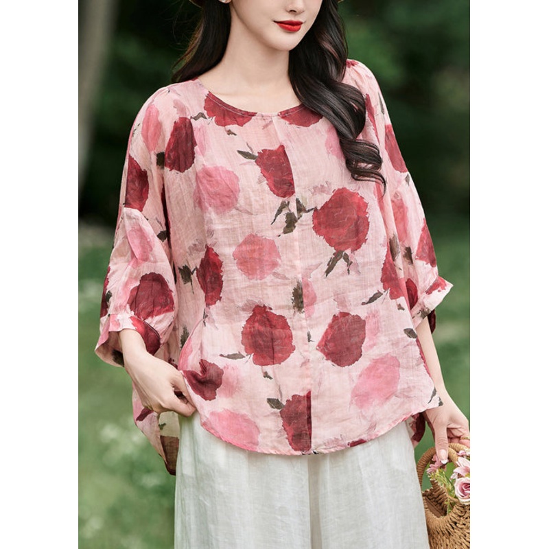 Pink Lace Up Ruffled Linen Blouses O Neck Bracelet Sleeve