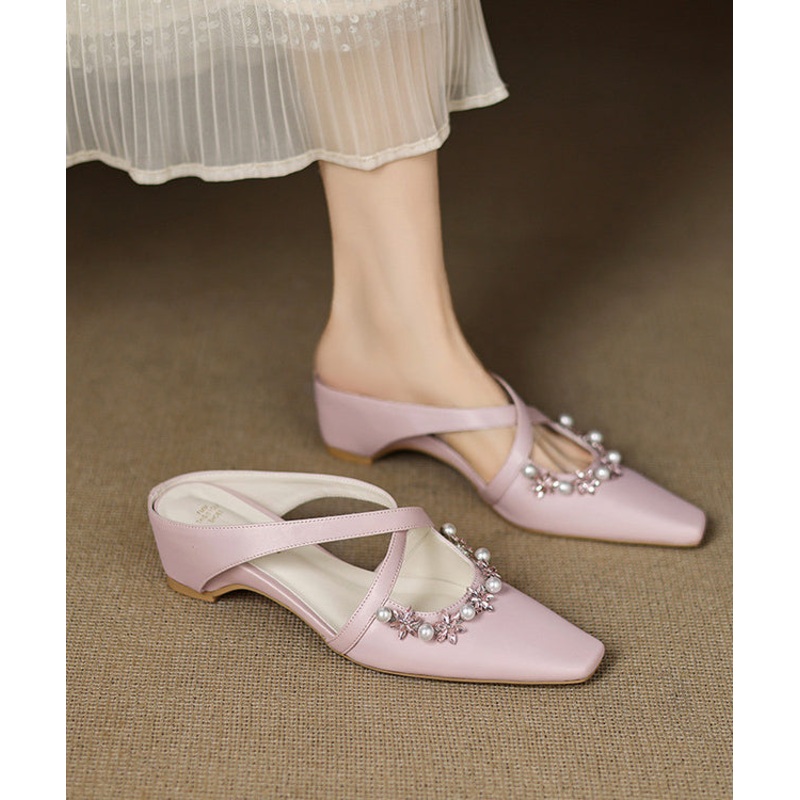 Pink Wedge Sheepskin Elegant Splicing Slide Sandals Zircon Nail Bead