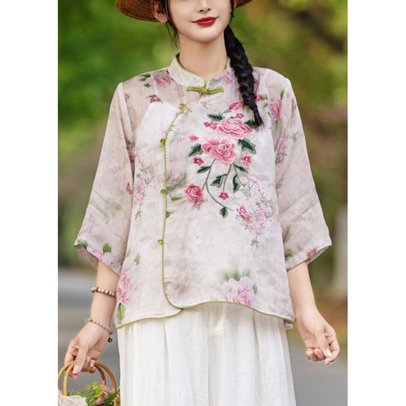 Purple Button Print Linen Blouses Stand Collar Bracelet Sleeve