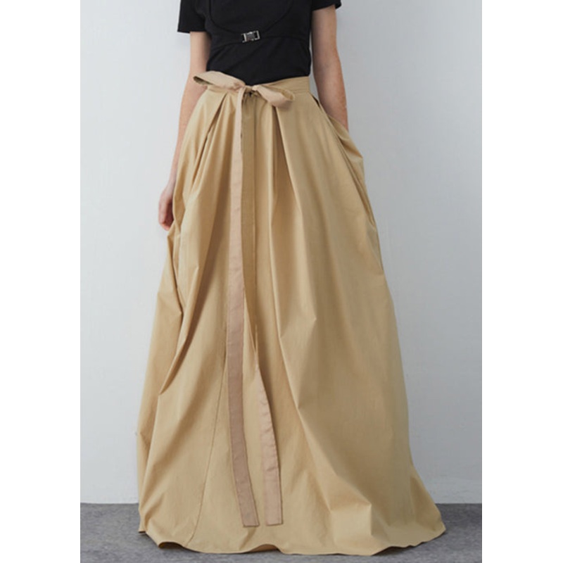 Simple Khaki Lace Up Pockets High Waist Cotton Skirts