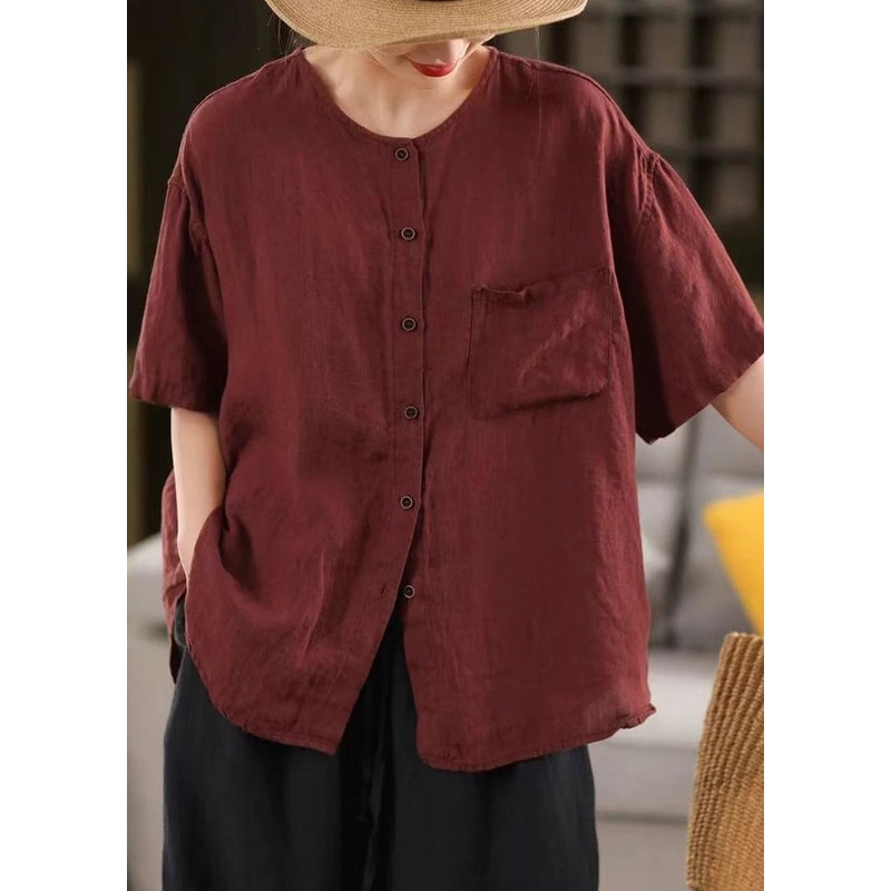 Simple Red O Neck Button Pockets Linen Shirt Summer