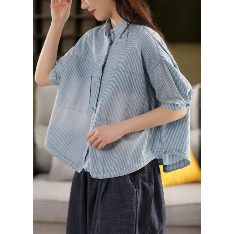 Striped Light Blue Peter Pan Collar Drawstring Cotton Shirt Summer