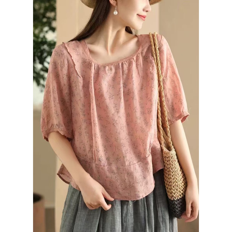 Stylish Pink Square Collar Print Wear On Both Sides Linen Blouses Summer
