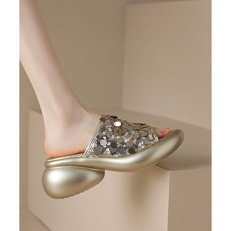 Stylish Splicing Platform Gold Sequins Slide Sandals Peep Toe