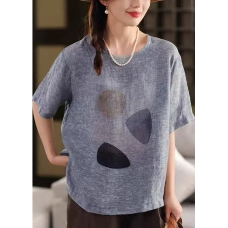 Vintage Blue O Neck Print Linen T Shirts Summer