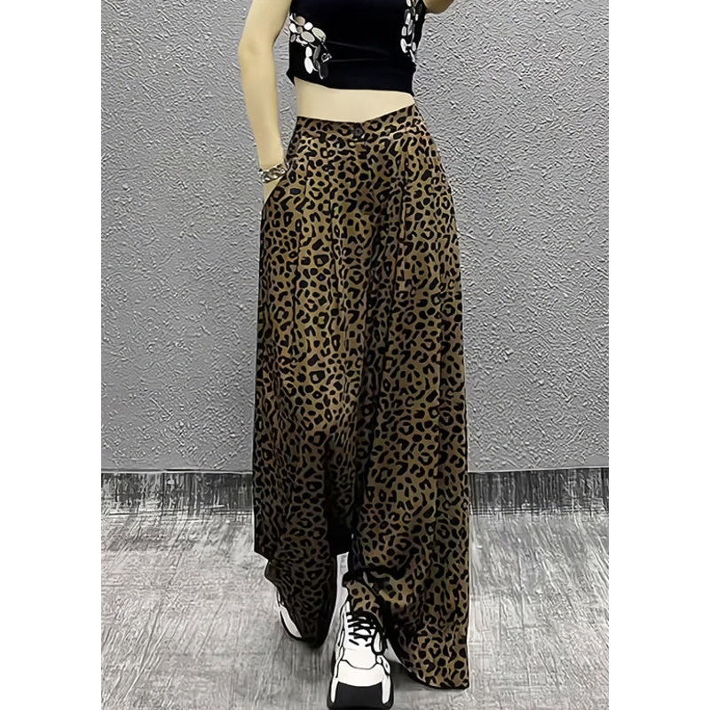 Vintage Leopard Pockets High Waist Cotton Wide Leg Pants Summer