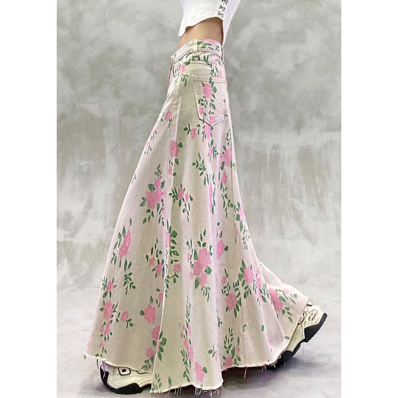 Vintage Print Pockets High Waist Denim Skirt Summer