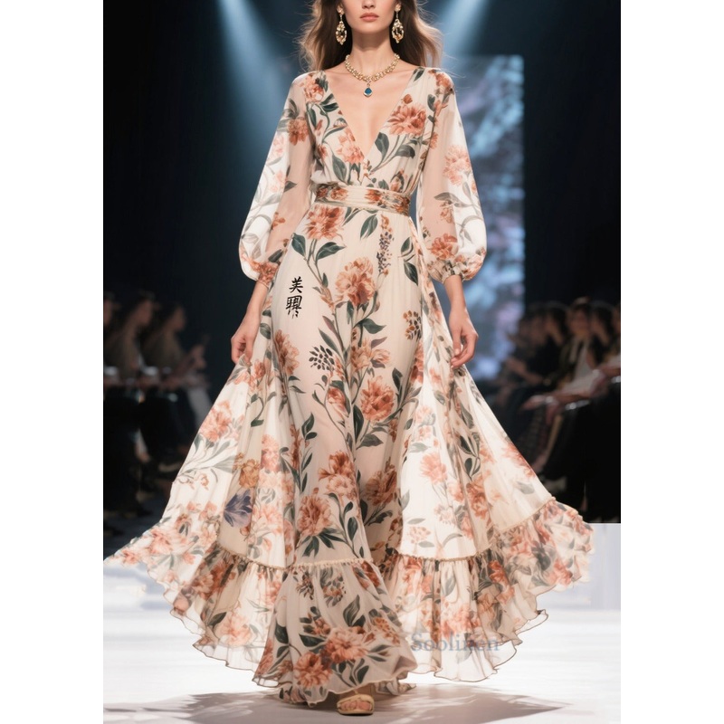 Women Apricot Print Chiffon Long Dress Exra Large Hem Summer
