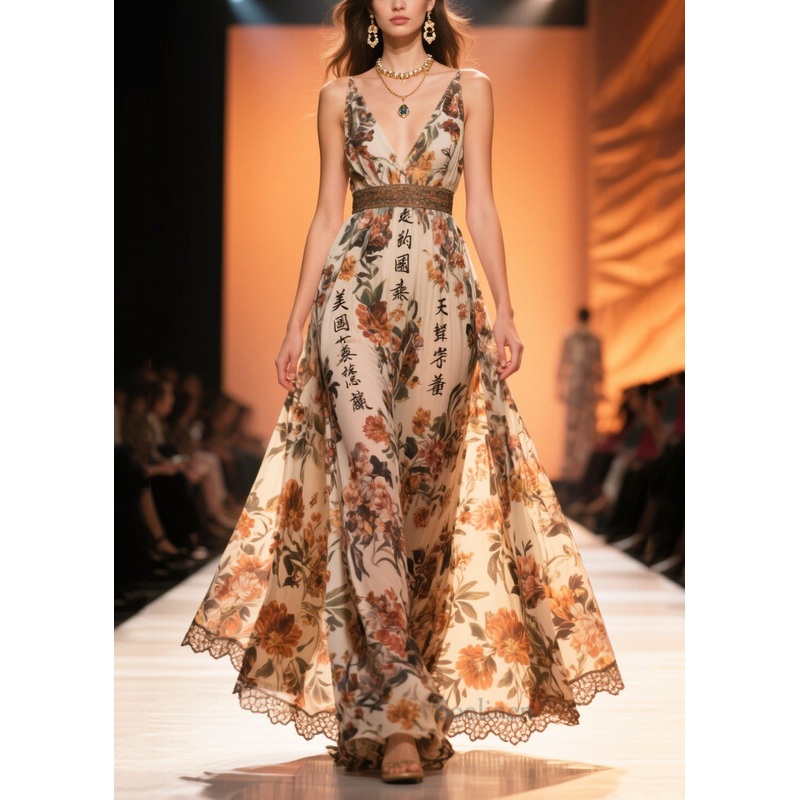 Women Brown Print Draping Chiffon Vestidos Dresses Summer