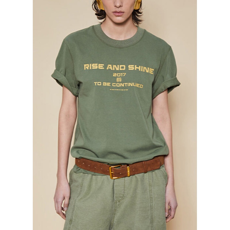 Women Green O Neck Letter Cotton T Shirt Summer
