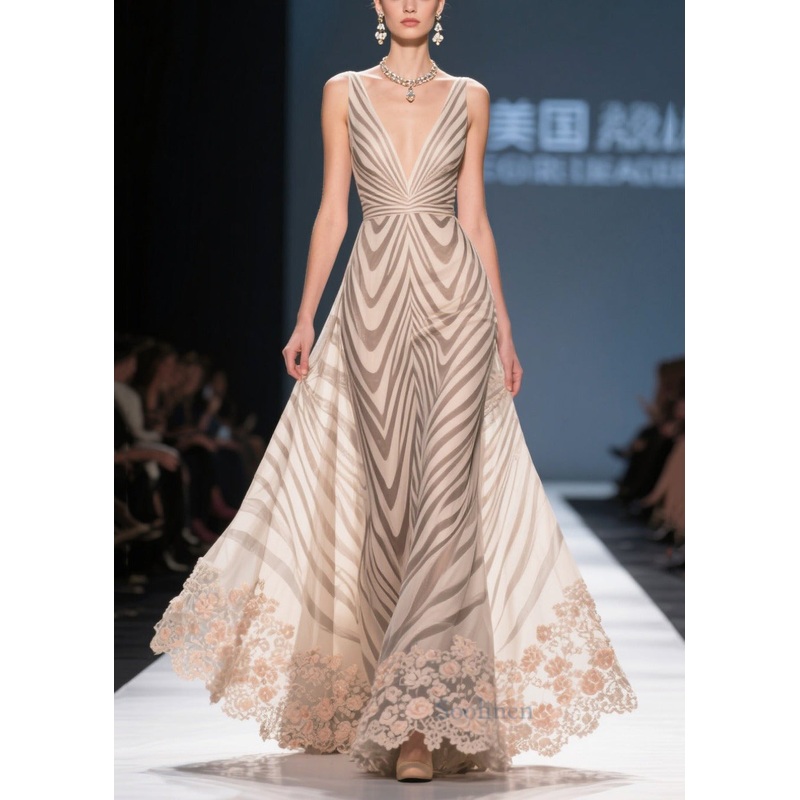 Women Khaki Striped Patchwork Lace Chiffon Holiday Dress Summer