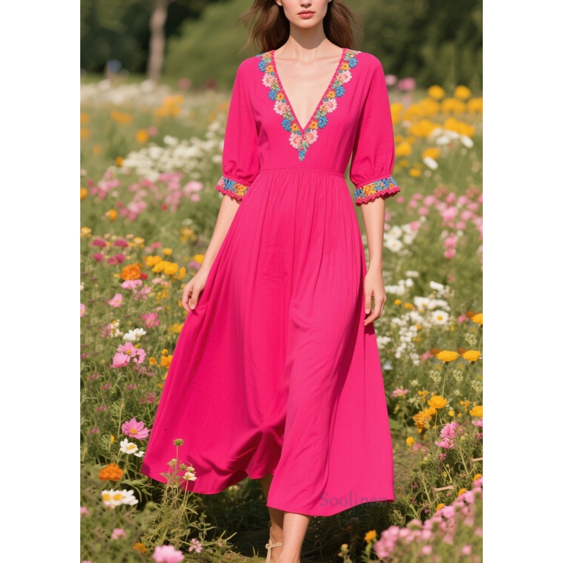 Women Rose V Neck Patchwork Cotton Ankle Dress Summer