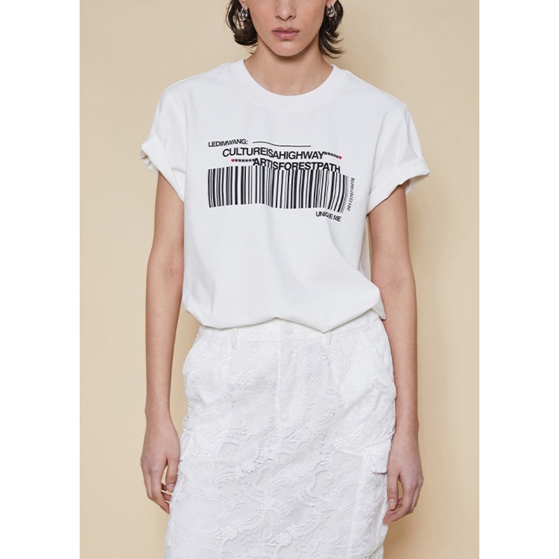 Women White O Neck Print Cotton T Shirts Summer