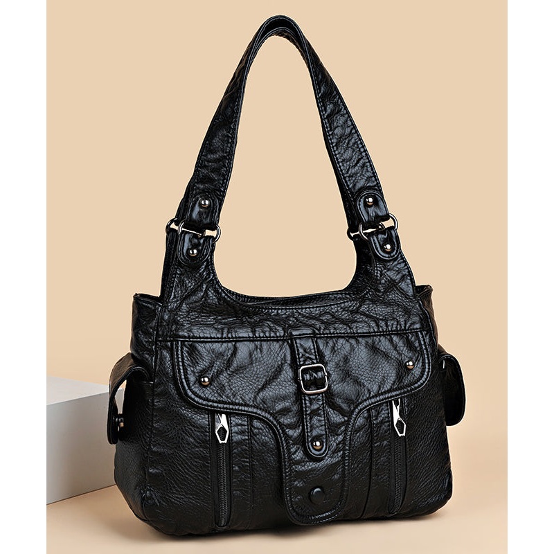 2025 New Black Large Capacity Calf Leather Shoulder Bag
