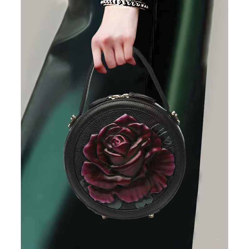 2025 New Ethnic Style Purple Peony Embossed Round Bag