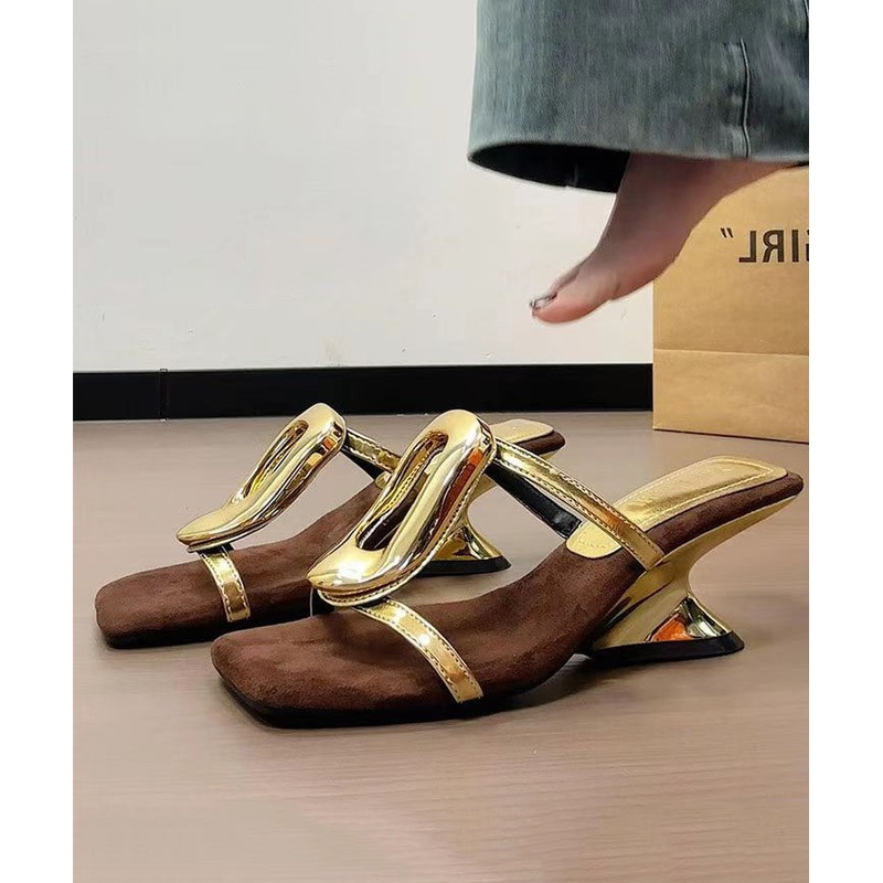 2025 New French Style Gold Wedge Heel Slide Sandals