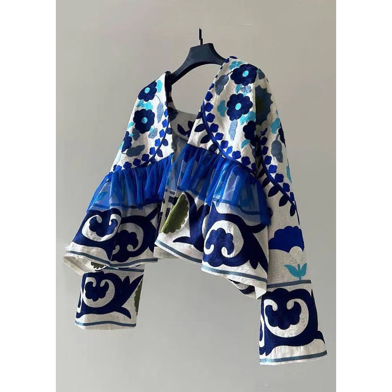 Art Blue Print Wrinkled Patchwork Cotton Cardigan Fall