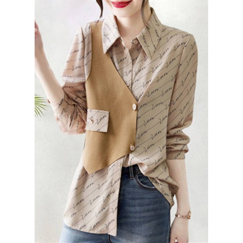 Art Khaki Asymmetrical Print Patchwork Cotton Blouse Fall